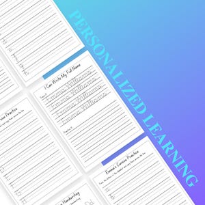 May include: White pages with handwriting practice lines and cursive alphabet examples. One page says "I Can Write My Full Name" with the name "Emma Williams" written in cursive. The words "PERSONALIZED LEARNING" are in the background.