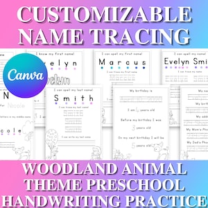 Editable Canva Name Tracing Worksheet - Preschool Handwriting Practice - Customizable Woodland Animal Themed Learning Sheets