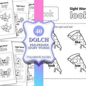 Puede incluir: P&aacute;ginas para colorear en blanco y negro con palabras de vocabulario e ilustraciones. Las p&aacute;ginas incluyen palabras como "my", "not" y "look", con im&aacute;genes como tiburones, gallos y porciones de pizza. Dise&ntilde;ado para la pr&aacute;ctica de palabras de vocabulario.