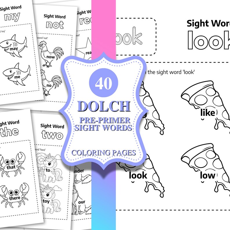 Puede incluir: P&aacute;ginas para colorear en blanco y negro con palabras de vocabulario e ilustraciones. Las p&aacute;ginas incluyen palabras como "my", "not" y "look", con im&aacute;genes como tiburones, gallos y porciones de pizza. Dise&ntilde;ado para la pr&aacute;ctica de palabras de vocabulario.
