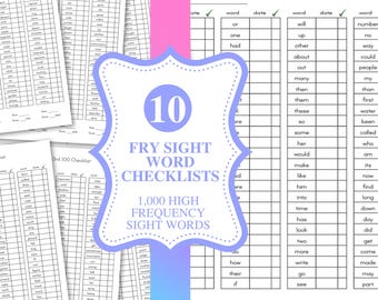 10 Fry Sight Word Checklists / 1,000 High Frequency Sight Words / Homeschool, Pre K, Kindergarten, Elementary School