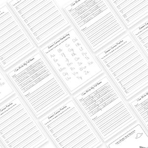 May include: A collection of white handwriting practice sheets with cursive alphabet letters and name tracing exercises. The sheets feature lines for tracing and practicing writing skills, ideal for educational use.