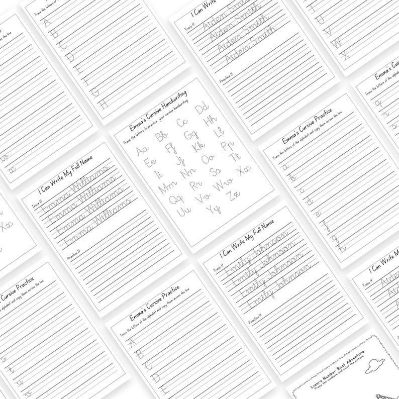 May include: A collection of white handwriting practice sheets with cursive alphabet letters and name tracing exercises. The sheets feature lines for tracing and practicing writing skills, ideal for educational use.