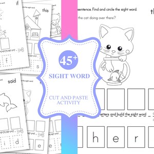 Puede incluir: Una colección de hojas de trabajo de palabras de vista en blanco y negro para una actividad de cortar y pegar. Las páginas presentan ilustraciones de un gato, un delfín y una casa. La imagen central tiene el texto "45+ SIGHT WORD CUT AND PASTE ACTIVITY".