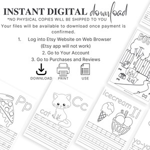May include: Digital download instructions with icons for download, print, and use. The image includes printable coloring pages with illustrations of a dog, cat, pizza, ice cream, and the letters P, C, and I. Text reads "INSTANT DIGITAL download".