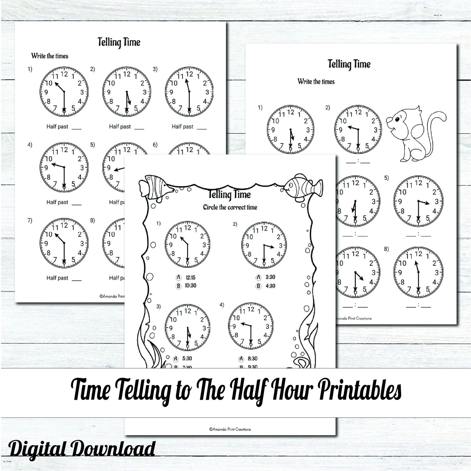 Telling Time to the Half Hour Worksheets / Clock Practice for Kids