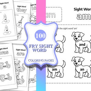 May include: A collection of black and white coloring pages featuring sight words. The pages include illustrations of objects and animals, such as rockets, guitars, and dogs. The central image has the text "100 Fry Sight Word Coloring Pages."