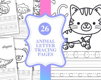 May include: A collection of 26 animal letter tracing pages. Each page features a different animal illustration, such as a sloth, monkey, and alligator, with corresponding letters for tracing. The pages are designed for educational purposes.