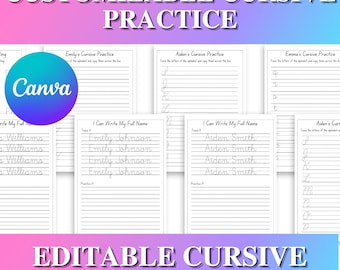 Editable Canva Cursive Name Tracing Worksheets, Personalized Alphabet Practice Pages, Homeschool Handwriting Sheets, Learn Cursive Writing