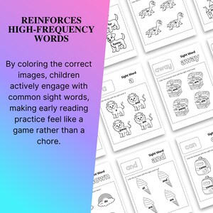 Puede incluir: Una pila de hojas de trabajo en blanco y negro con palabras de uso frecuente, con ilustraciones de animales y objetos. Las hojas de trabajo contienen el texto "REINFORCES HIGH-FREQUENCY WORDS" e instrucciones para colorear.