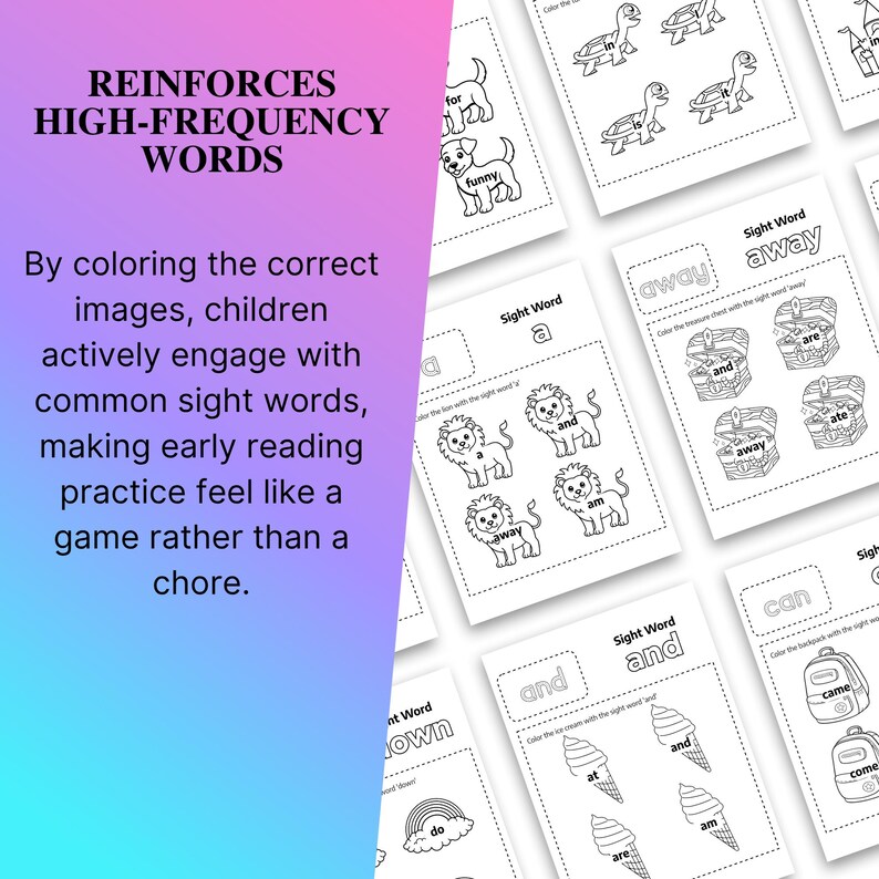 Puede incluir: Una pila de hojas de trabajo en blanco y negro con palabras de uso frecuente, con ilustraciones de animales y objetos. Las hojas de trabajo contienen el texto "REINFORCES HIGH-FREQUENCY WORDS" e instrucciones para colorear.