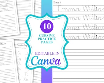 May include: A collection of cursive handwriting practice pages. The pages are white with lines and examples of cursive writing. The image includes the text "10 Cursive Practice Pages" and "Editable in Canva."