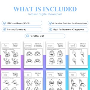 Puede incluir: Descarga digital de 40 p&aacute;ginas para colorear de palabras de uso frecuente de Dolch para preescolares. Cada p&aacute;gina presenta una palabra con ilustraciones para colorear. Incluye p&aacute;ginas para palabras como "for", "down", "can", "and", "big", "a", "we" y "up".