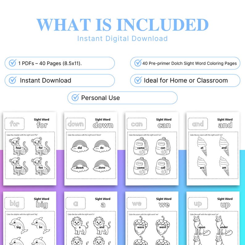 Puede incluir: Descarga digital de 40 p&aacute;ginas para colorear de palabras de uso frecuente de Dolch para preescolares. Cada p&aacute;gina presenta una palabra con ilustraciones para colorear. Incluye p&aacute;ginas para palabras como "for", "down", "can", "and", "big", "a", "we" y "up".