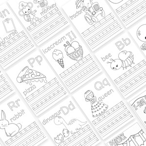 May include: A collection of white coloring and tracing activity sheets for children. Each sheet features a letter of the alphabet with a corresponding image and word, such as "monkey," "pizza," and "queen." The sheets are designed for early learning and handwriting practice.