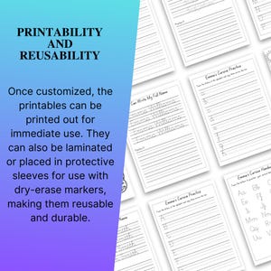 May include: White cursive handwriting practice sheets with lines. The sheets include the text "Emma's Cursive Practice" and "Can Write My Full Name". The image also includes the text "Printability and Reusability".