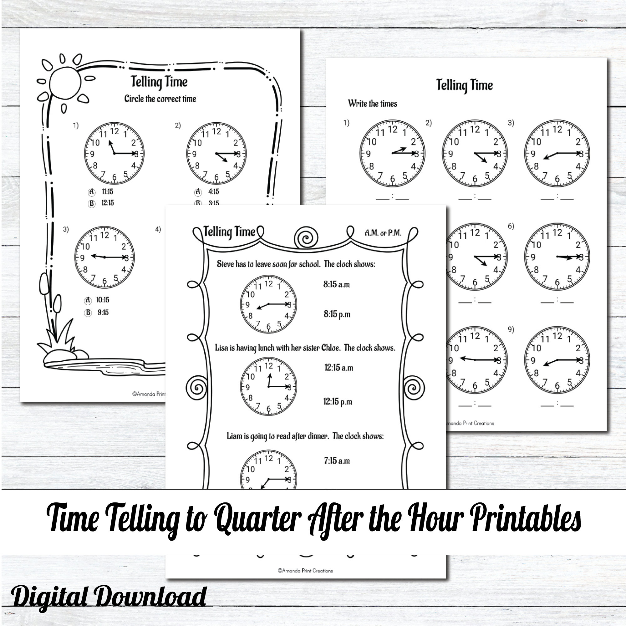 Telling Time Quarter Hour After Worksheets / Clock Practice for Kids ...