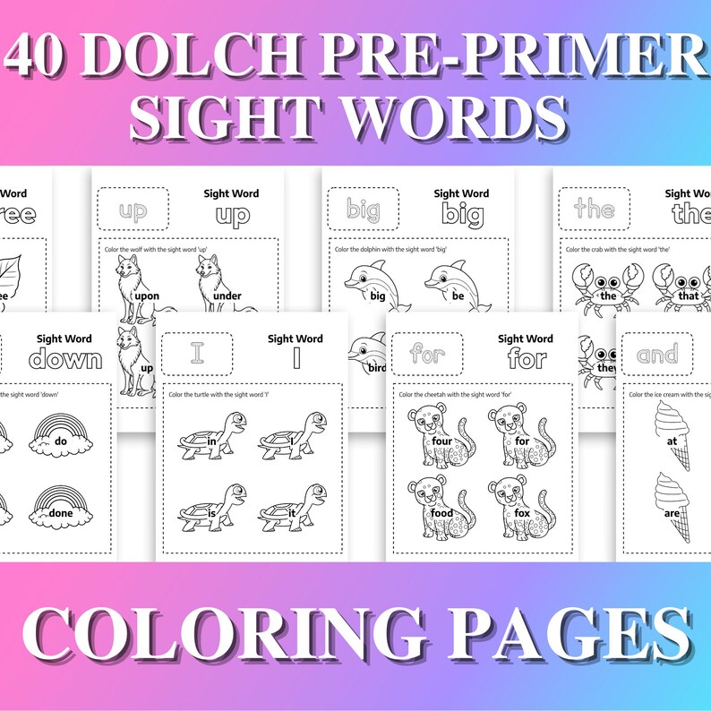 Puede incluir: Una colecci&oacute;n de p&aacute;ginas para colorear en blanco y negro para palabras de vocabulario de pre-lectura. Cada p&aacute;gina presenta una palabra de vocabulario con ilustraciones de animales y objetos para colorear. Se muestra el texto "40 DOLCH PRE-PRIMER SIGHT WORDS" y "COLORING PAGES".