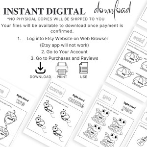 Puede incluir: Una descarga digital con instrucciones y hojas de trabajo imprimibles de palabras comunes. Las hojas de trabajo presentan ilustraciones de una abeja, una rana, una bellota y un helic&oacute;ptero. El texto incluye "INSTANT DIGITAL download".