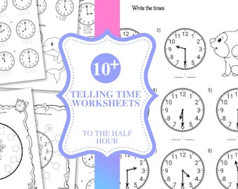 Telling Time To The Half Hour Worksheets / Clock Practice for Kids /Analog Clocks Worksheets / Kinder, 1st, 2nd Grade