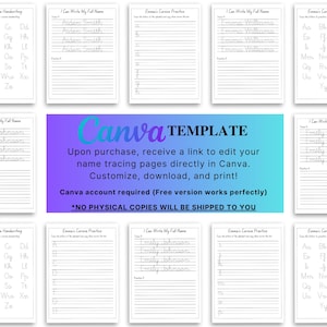 May include: A collection of white handwriting practice sheets. The sheets include cursive alphabet practice, name tracing, and the text "Canva TEMPLATE". The text states that the product is customizable, downloadable, and printable.