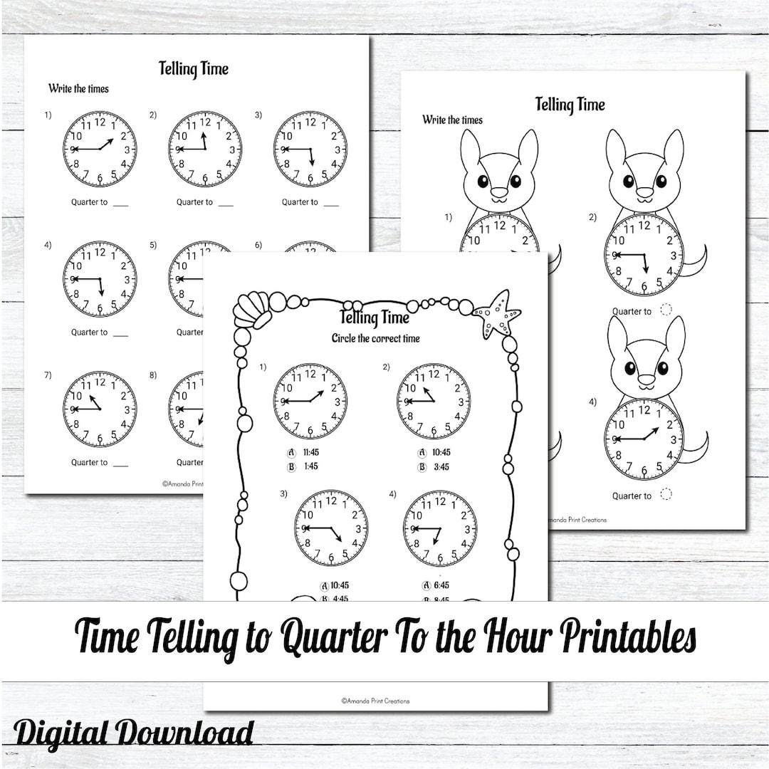 Telling Time Quarter to Hour Worksheets / Clock Practice for Etsy