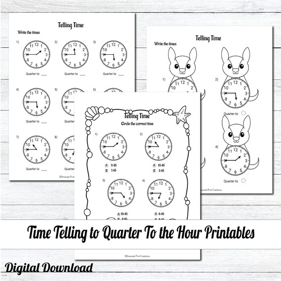 Telling Time Quarter to Hour Worksheets / Clock Practice for Etsy