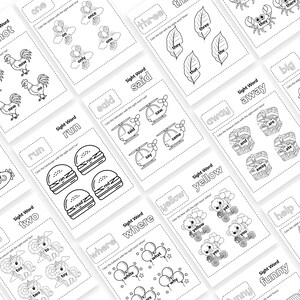 Puede incluir: Una colecci&oacute;n de hojas de trabajo educativas en blanco y negro para ni&ntilde;os. Cada p&aacute;gina presenta palabras de vocabulario con ilustraciones, como helic&oacute;pteros, hamburguesas y globos. Las hojas de trabajo est&aacute;n dise&ntilde;adas para colorear.
