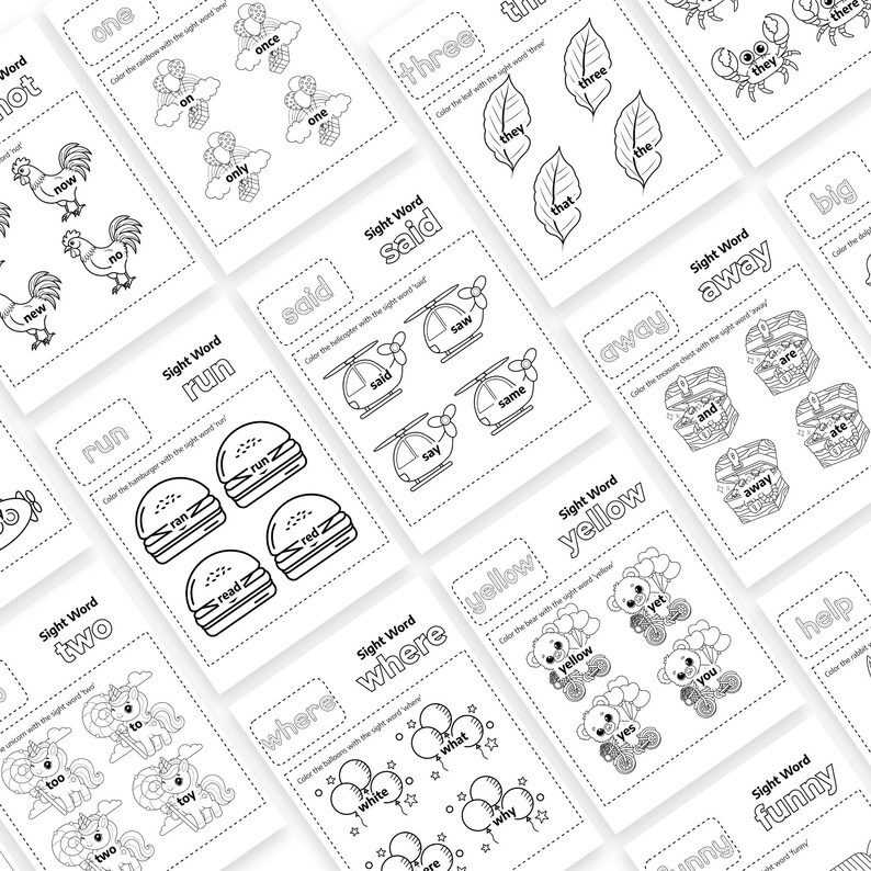 Puede incluir: Una colecci&oacute;n de hojas de trabajo educativas en blanco y negro para ni&ntilde;os. Cada p&aacute;gina presenta palabras de vocabulario con ilustraciones, como helic&oacute;pteros, hamburguesas y globos. Las hojas de trabajo est&aacute;n dise&ntilde;adas para colorear.