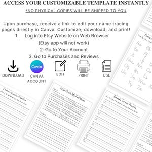 May include: White cursive practice sheets with the text "Emma's Cursive Practice" and "I Can Write My Full Name". Instructions include editing in Canva, downloading, and printing. Icons for download, edit, print, and use are also visible.
