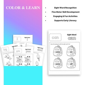 Puede incluir: Un conjunto de p&aacute;ginas de actividades de palabras a la vista en blanco y negro con el texto "COLOR & LEARN". Las p&aacute;ginas presentan ilustraciones de animales y objetos, con palabras como "big", "you" y "can". El texto "Sight Word Recognition" tambi&eacute;n es visible.