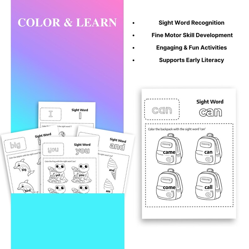 Puede incluir: Un conjunto de p&aacute;ginas de actividades de palabras a la vista en blanco y negro con el texto "COLOR & LEARN". Las p&aacute;ginas presentan ilustraciones de animales y objetos, con palabras como "big", "you" y "can". El texto "Sight Word Recognition" tambi&eacute;n es visible.