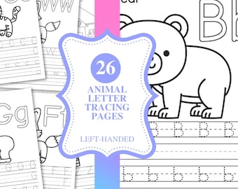 May include: A stack of white paper pages with animal illustrations and letter tracing guides. The pages feature a variety of animals, including a bear, cat, and fox. The center of the image has a blue and purple decorative label that reads "26 ANIMAL LETTER TRACING PAGES LEFT-HANDED."