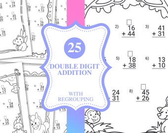 Math Practice Workbook | Double Digit Addition Practice with Regrouping for Grades 2-3 | Animal-theme Math Printable