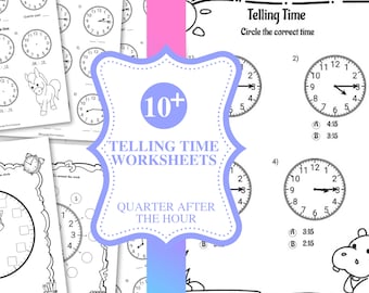 May include: A set of 10+ telling time worksheets for children. The worksheets feature clocks with hands and multiple choice questions. The theme is "Quarter After the Hour".