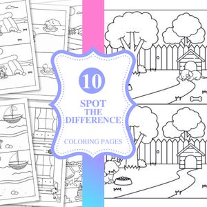 May include: A collection of black and white "Spot the Difference" coloring pages. The cover features a blue and white decorative frame with the number "10" and the text "Spot the Difference Coloring Pages". The pages depict various scenes.