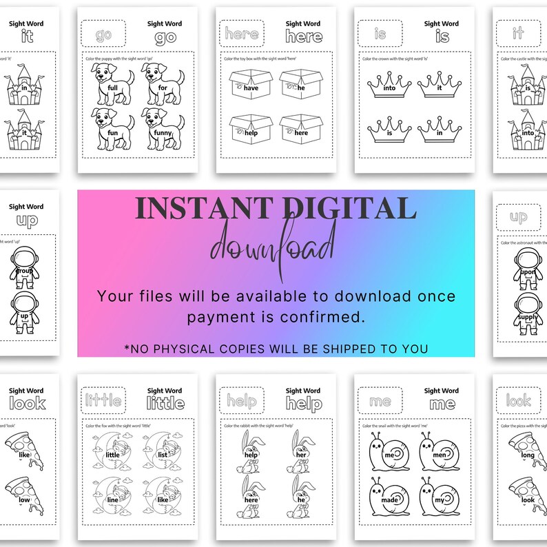 Puede incluir: Descarga digital instant&aacute;nea de hojas de trabajo de palabras de uso frecuente para imprimir. Cada p&aacute;gina presenta una palabra de uso frecuente con ilustraciones para colorear. El texto central dice "INSTANT DIGITAL download". Los archivos est&aacute;n disponibles despu&eacute;s del pago.