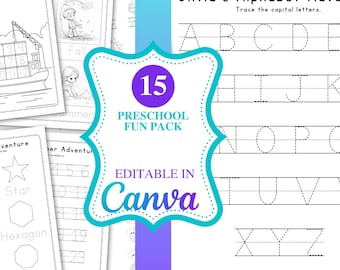Editable Canva Preschool Fun Pack | Customizable Preschool Activity Pages | Educational Tracing and Coloring Pages