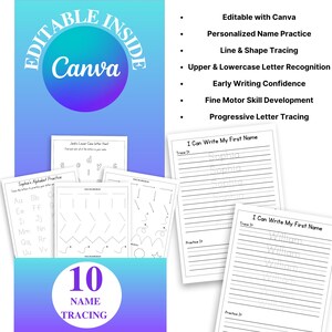 May include: A collection of printable educational worksheets for children. The worksheets include name tracing, alphabet practice, and line tracing activities. The design features a blue and purple color scheme with the text "Editable Inside Canva" and "10 Name Tracing".