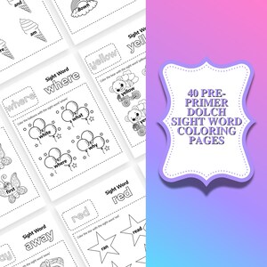 Puede incluir: Una colecci&oacute;n de p&aacute;ginas para colorear de palabras a la vista en blanco y negro. Las p&aacute;ginas presentan palabras como "d&oacute;nde", "amarillo" y "rojo", con ilustraciones de globos, osos y estrellas. Una etiqueta decorativa dice "40 p&aacute;ginas para colorear de palabras a la vista pre-primer Dolch."