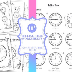 May include: A set of 10 printable worksheets for teaching children how to tell time. The worksheets feature clocks with hands and various animals, including a kangaroo, an elephant, and a seal. The title of the worksheets is "10+ Telling Time Worksheets: Quarter to the Hour".