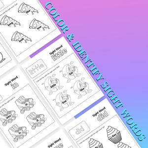 Puede incluir: Hojas de trabajo educativas en blanco y negro con actividades de palabras de vista. Las hojas de trabajo presentan ilustraciones de porciones de pizza, patines, zorros y cupcakes. El texto en las hojas de trabajo incluye palabras de vista como "little", "in" y "did". La frase "COLOR & IDENTIFY SIGHT WORDS" tambi&eacute;n es visible.