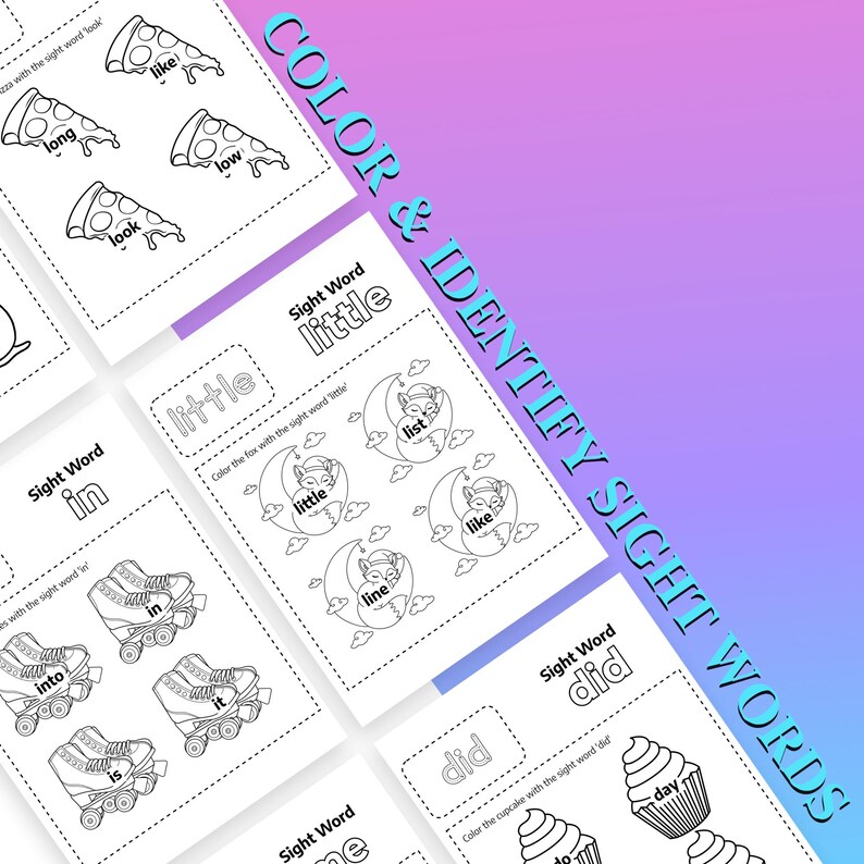 Puede incluir: Hojas de trabajo educativas en blanco y negro con actividades de palabras de vista. Las hojas de trabajo presentan ilustraciones de porciones de pizza, patines, zorros y cupcakes. El texto en las hojas de trabajo incluye palabras de vista como "little", "in" y "did". La frase "COLOR & IDENTIFY SIGHT WORDS" tambi&eacute;n es visible.