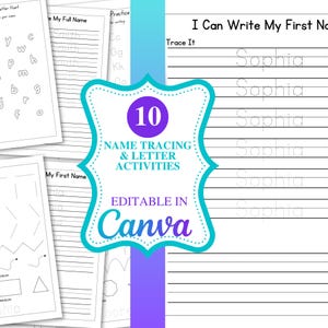 May include: A collection of printable worksheets for name tracing and letter activities. The central image features a teal and purple label with the text "10 NAME TRACING & LETTER ACTIVITIES EDITABLE IN Canva". The worksheets include tracing the name "Sophia".