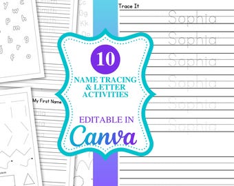 Editable Canva Name Tracing Worksheet, Personalized Preschool Writing Practice, Pre-Writing & Alphabet Hunt Printable, Custom Learning Pages