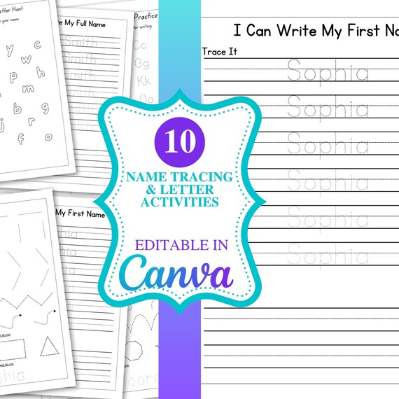 Editable Canva Name Tracing Worksheet, Personalized Preschool Writing Practice, Pre-Writing & Alphabet Hunt Printable, Custom Learning Pages