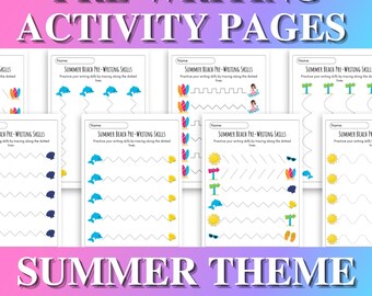 Summer Beach Pre-Writing and Scissor Skills Bundle | Kids' Summer Learning Printable | Summer Activities