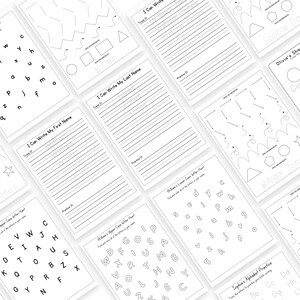 May include: A collection of white activity pages for children, featuring handwriting practice, letter hunts, and shape tracing exercises. The pages include the names "William" and "Sophia", and the text "I Can Write My First Name".