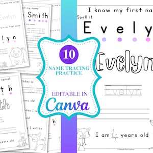 Hoja de trabajo editable de seguimiento de nombres en Canva: práctica de escritura a mano para preescolares: hojas de aprendizaje personalizables con temática de animales del bosque