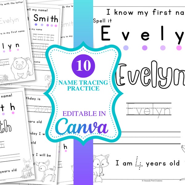 Editable Canva Name Tracing Worksheet - Preschool Handwriting Practice - Customizable Woodland Animal Themed Learning Sheets